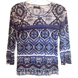 David Cline Knit Tee Womens Medium Blue White Casual Boho Top